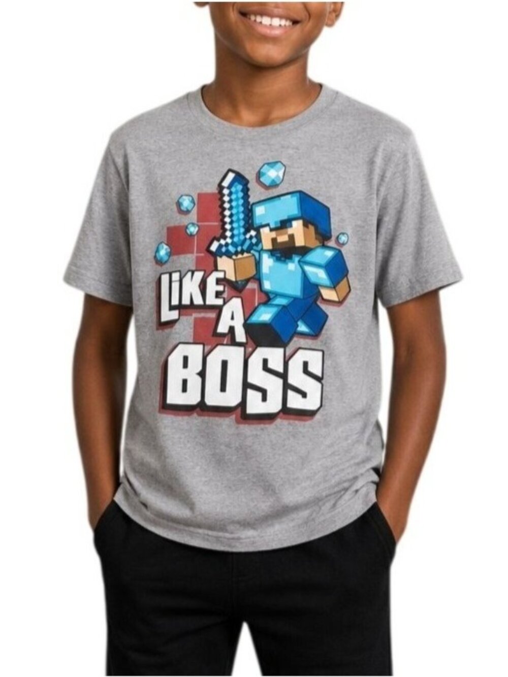 Mojang Jinx Minecraft Kids Size 10/12 T-Shirt Like A Boss Gray Graphic Tee